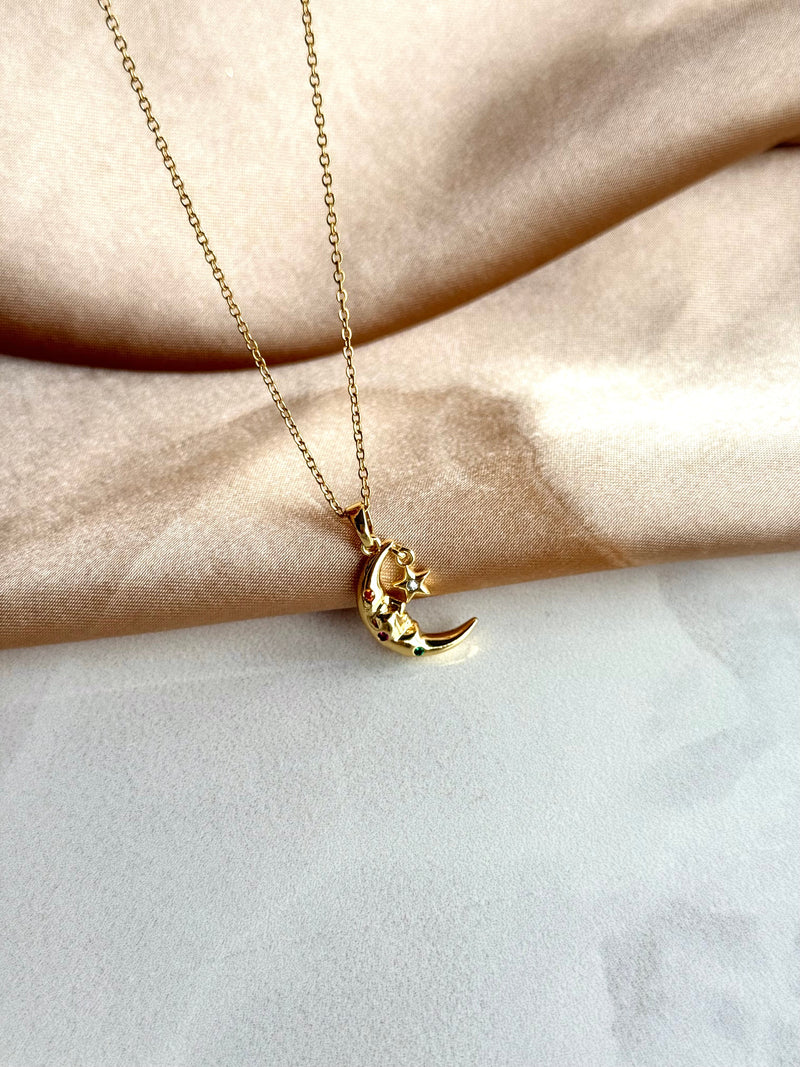 Crescent and Star Dangle Necklace with Stones