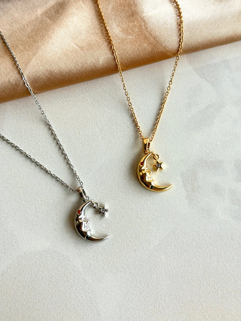 Crescent and Star Dangle Necklace with Stones