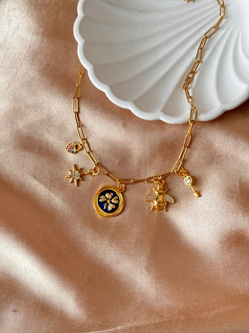 Blue Clover Bee Keychain Paperclip Necklace
