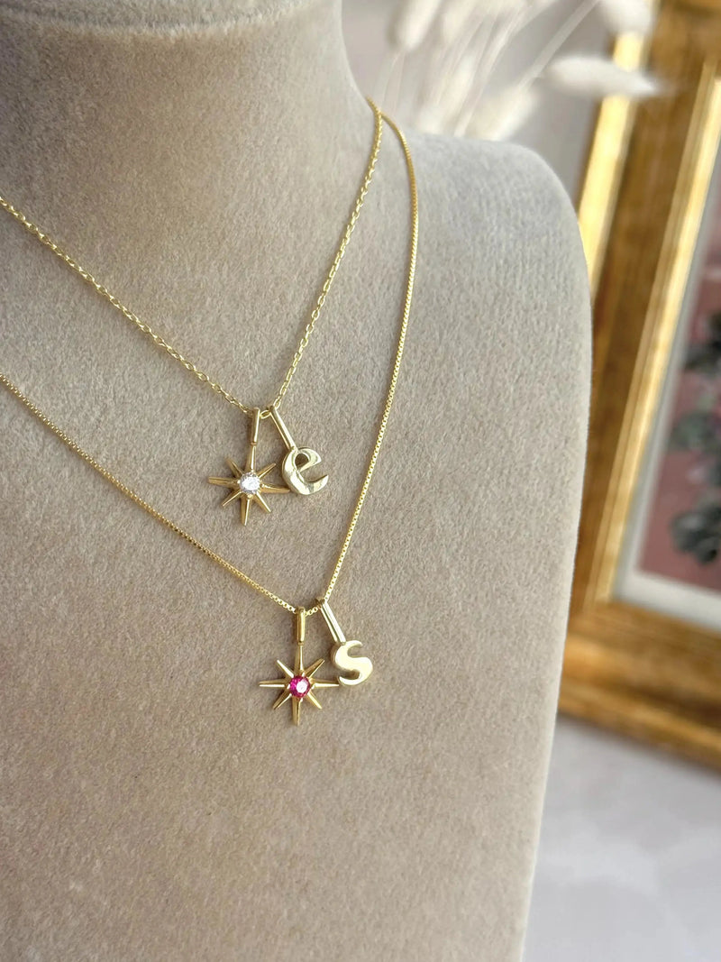 925 Sterling Silver | North Star Birthstone Initial Necklace