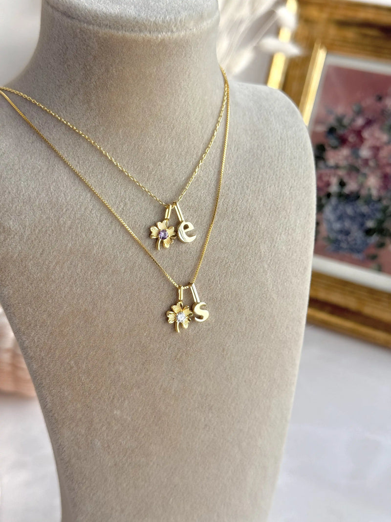 925 Sterling Silver | Clover Birthstone Initial Necklace