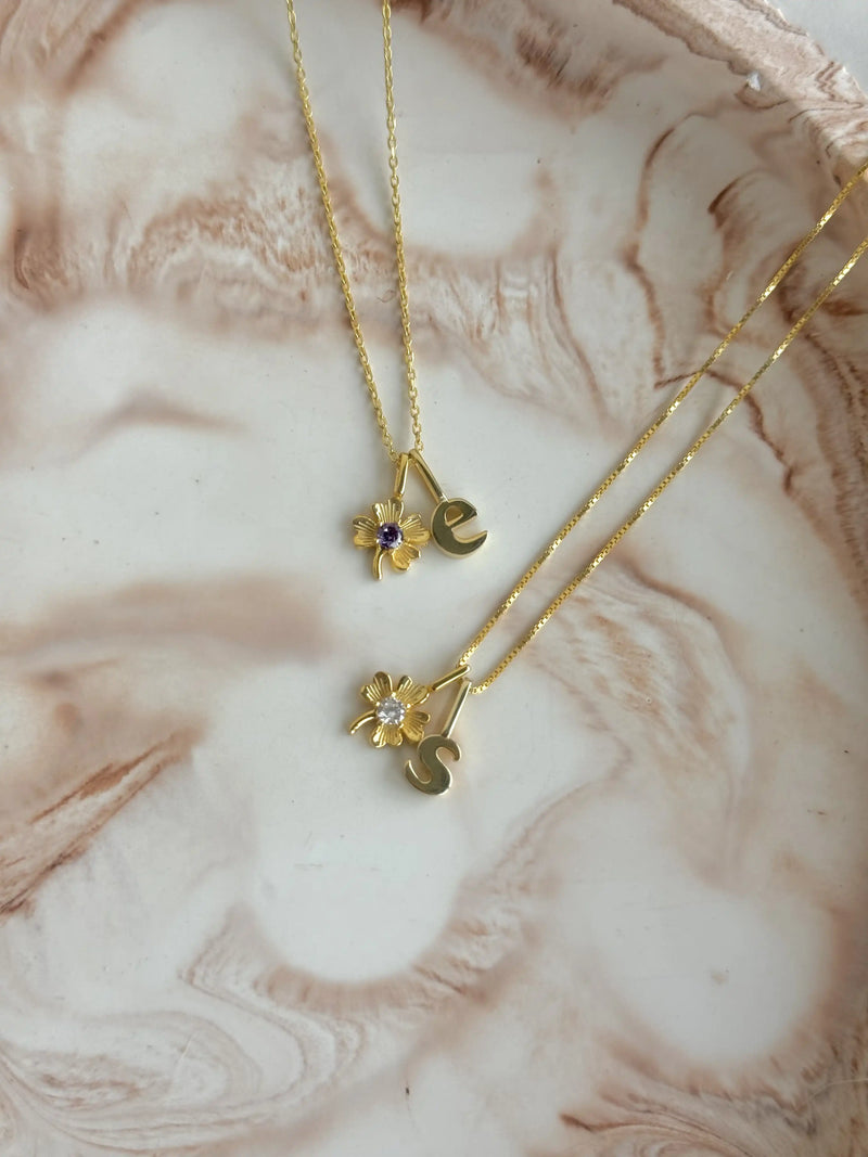 925 Sterling Silver | Clover Birthstone Initial Necklace