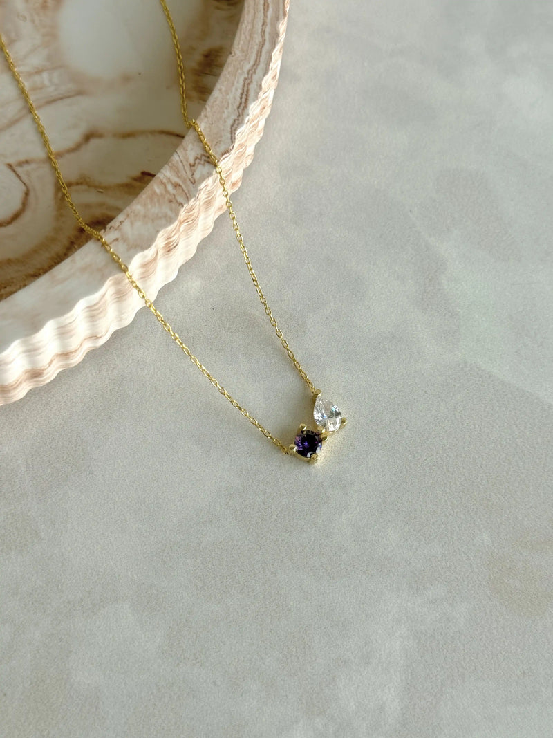 925 Sterling Silver | Double Teardrop Birthstone Necklace