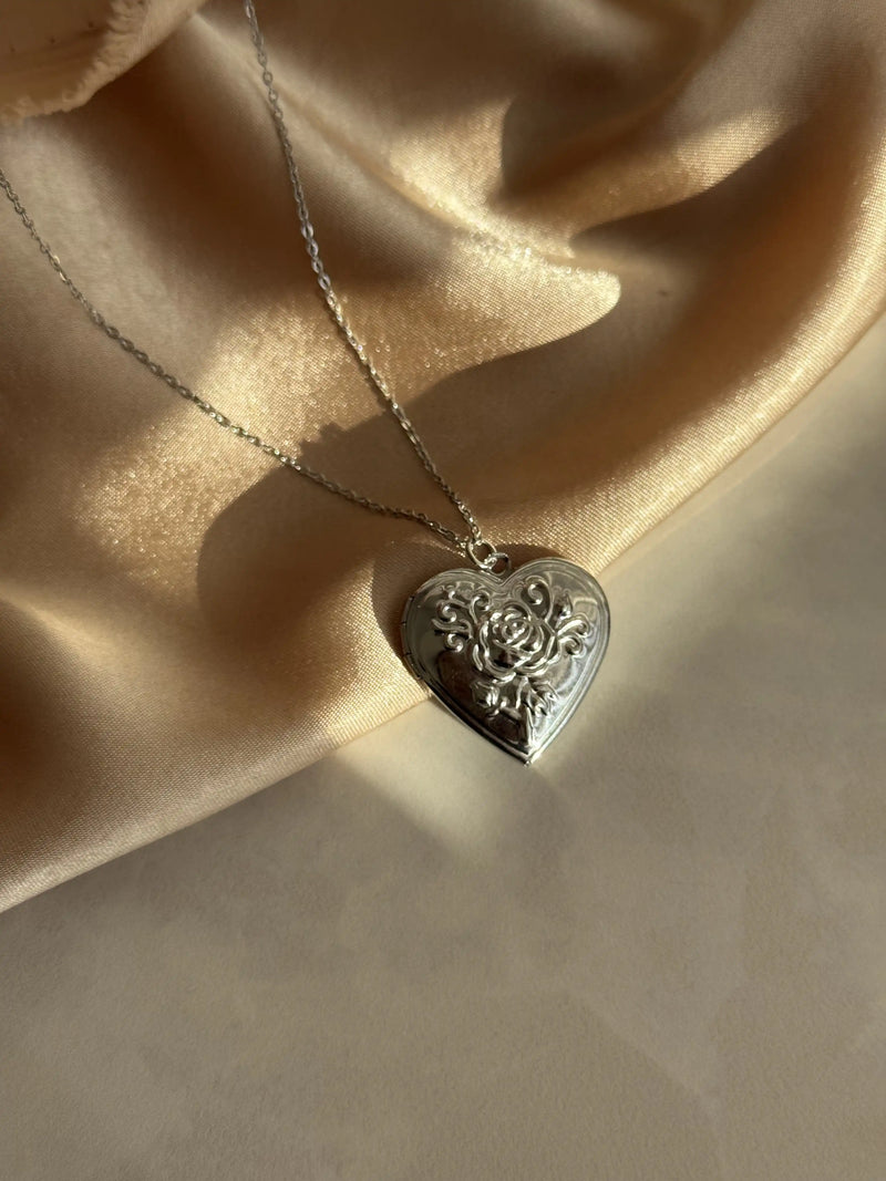 Silver Heart Rose Locket