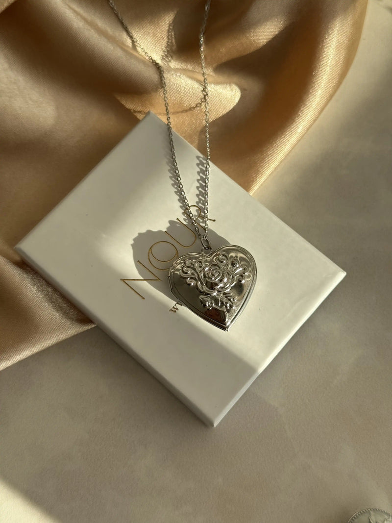 Silver Heart Rose Locket