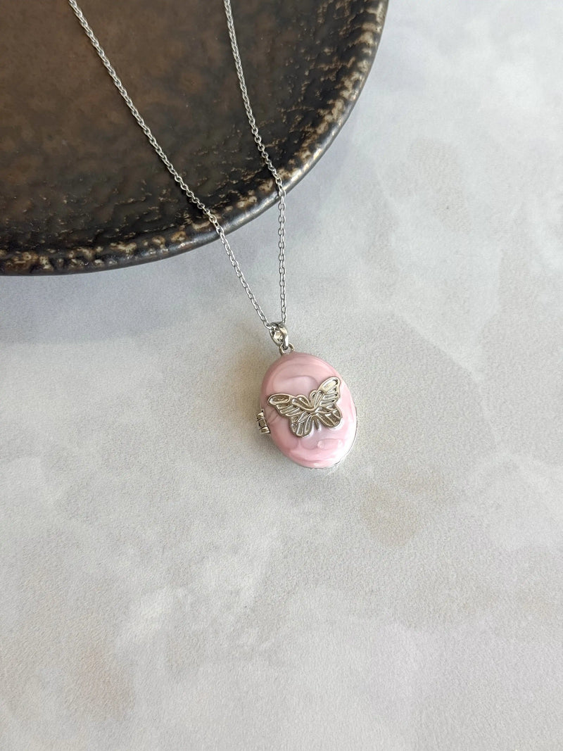 Silver Pink Butterfly Locket