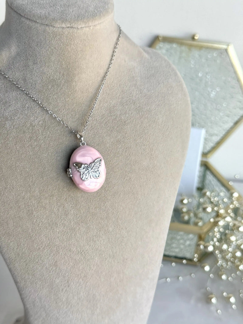 Silver Pink Butterfly Locket