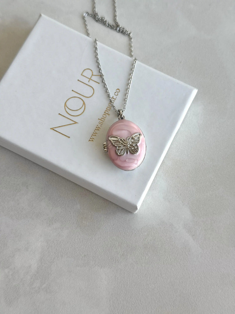 Silver Pink Butterfly Locket
