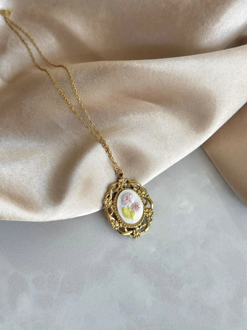 Pink Flower Cross Stitch Necklace