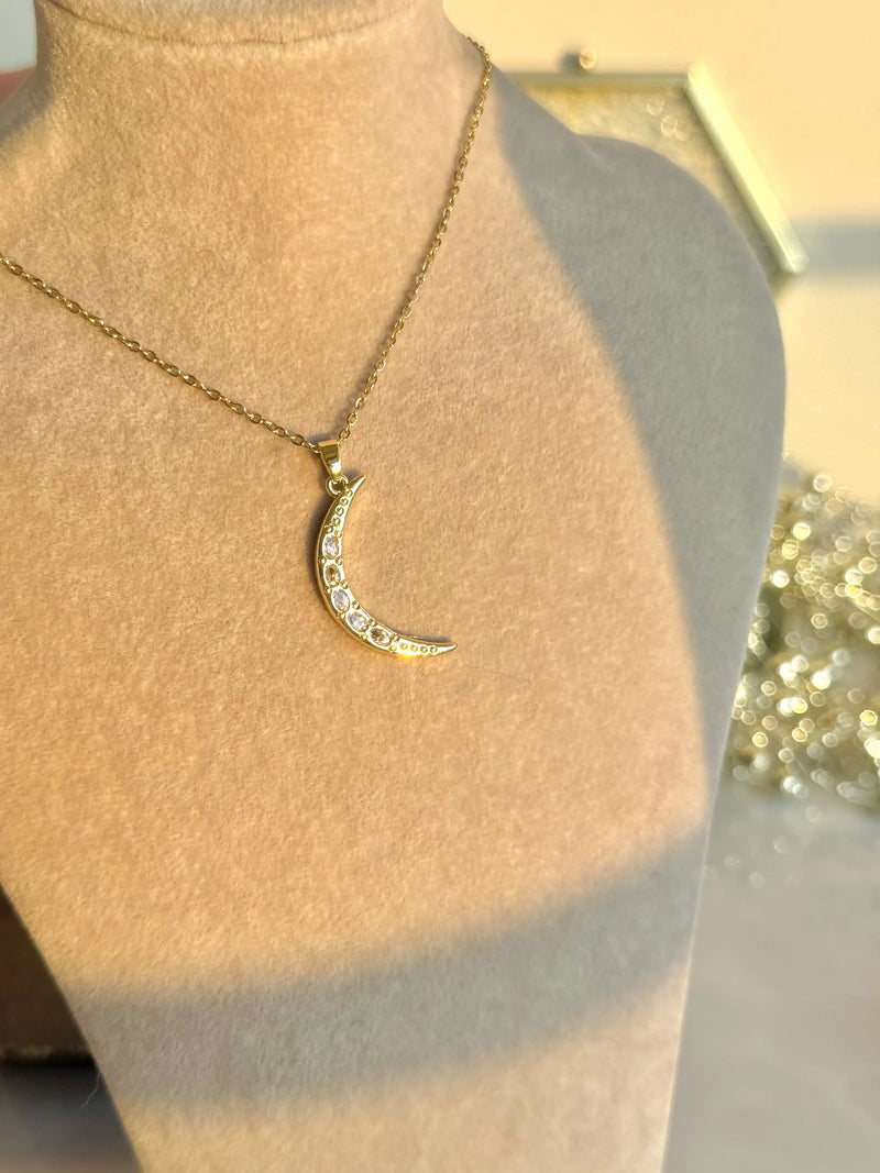 Large Crescent Moon Necklace with Stones
