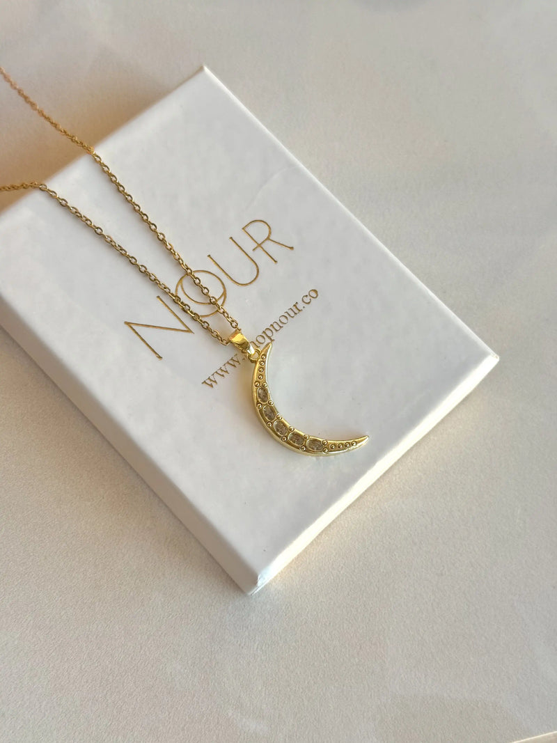 Large Crescent Moon Necklace with Stones