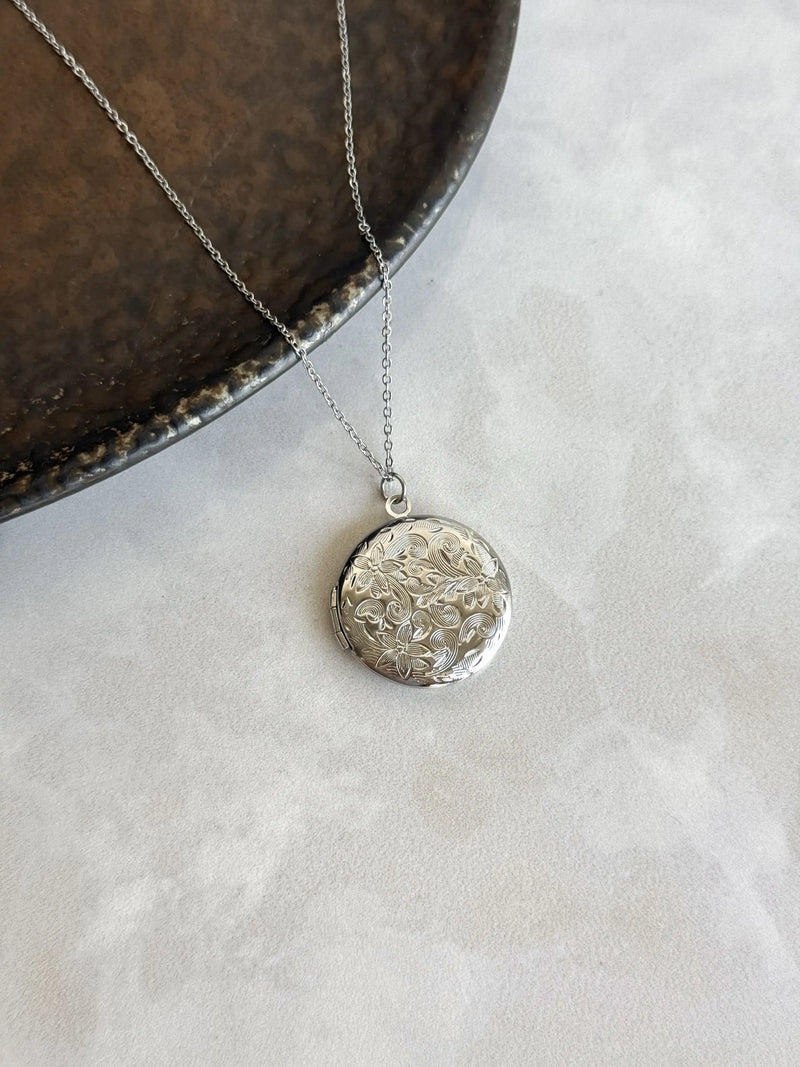 Steel Silver-Tone Floral Round Locket