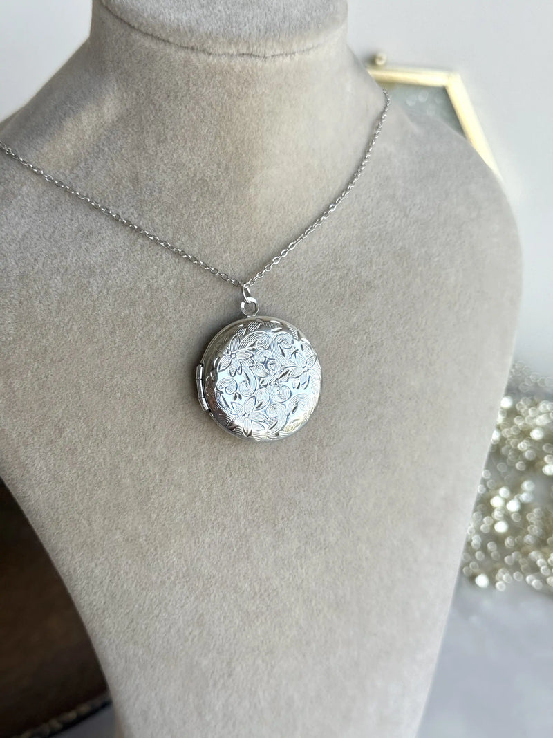 Steel Silver-Tone Floral Round Locket