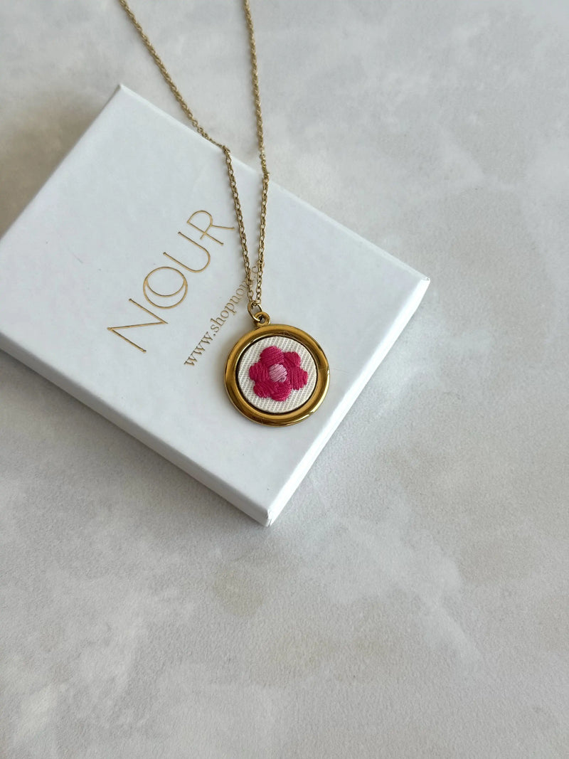 Pink Daisy Cross-Stitch Necklace