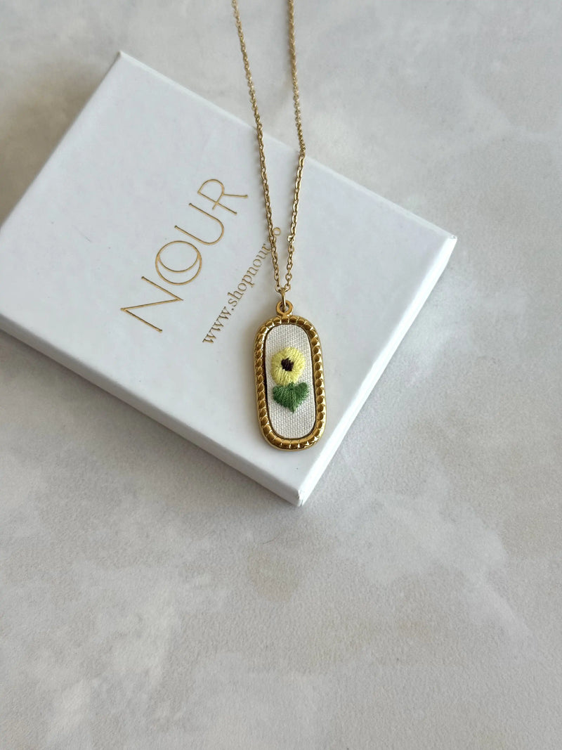 Oval Sunflower Cross-Stitch Necklace