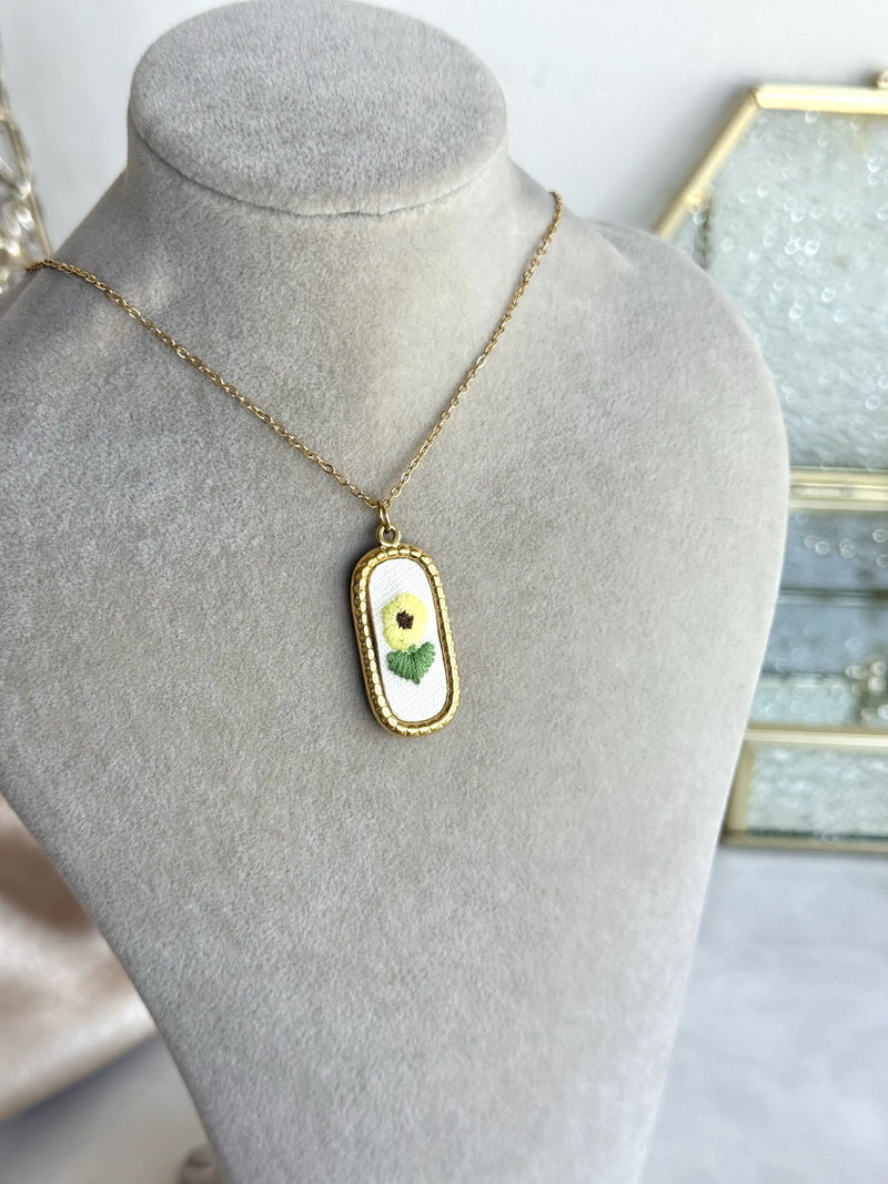 Oval Sunflower Cross-Stitch Necklace