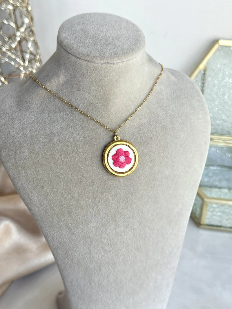 Pink Daisy Cross-Stitch Necklace