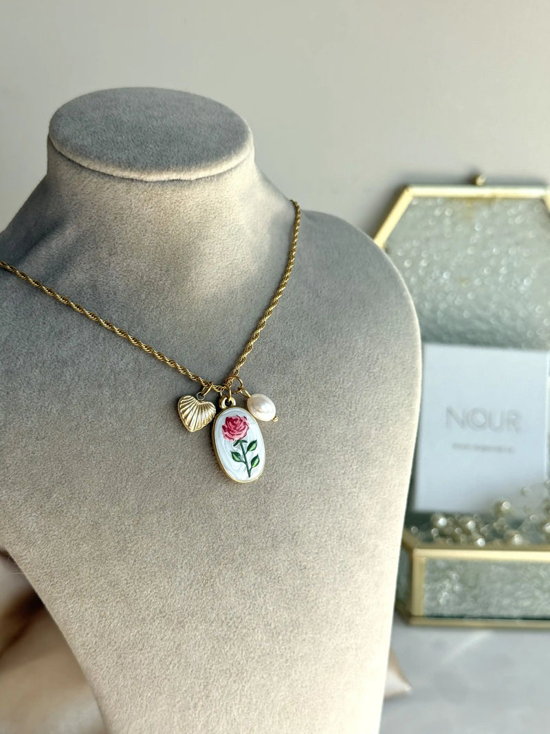 Steel Porcelain Flower Charm Necklace