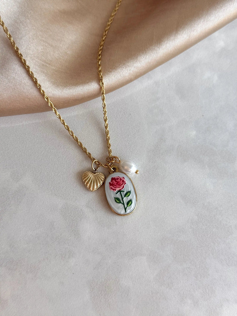 Steel Porcelain Flower Charm Necklace