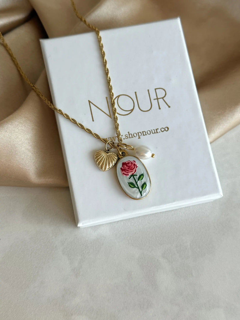 Steel Porcelain Flower Charm Necklace