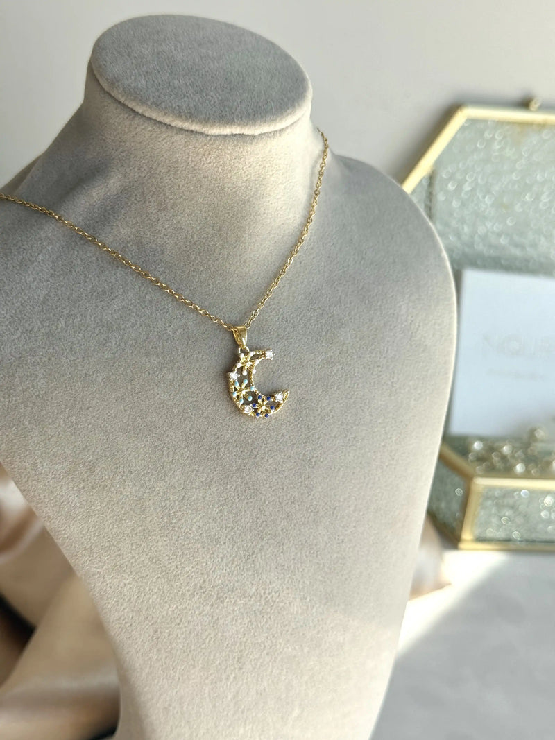 Blue Floral Moon Necklace