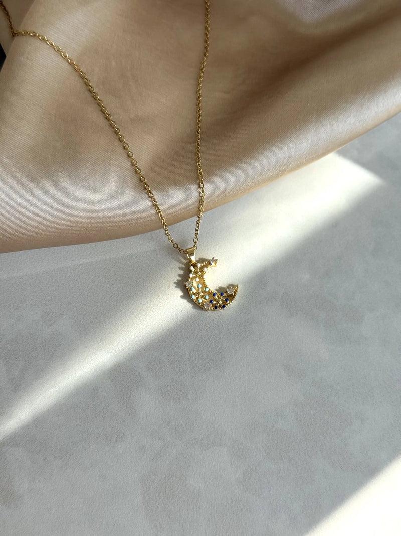 Blue Floral Moon Necklace