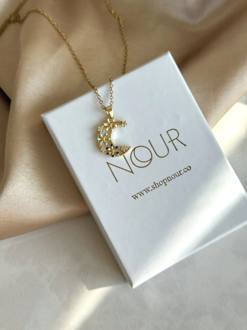 Blue Floral Moon Necklace