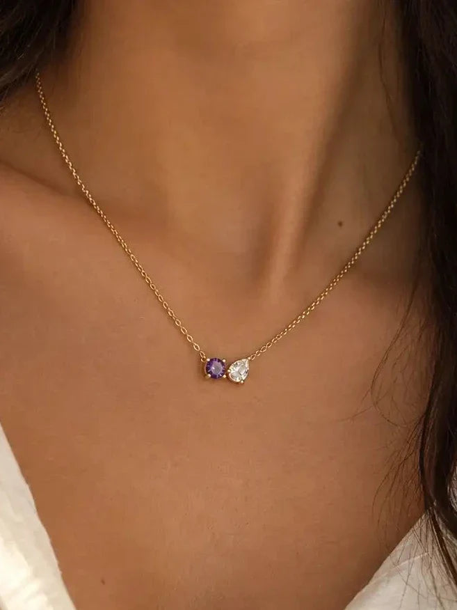 925 Sterling Silver | Double Teardrop Birthstone Necklace