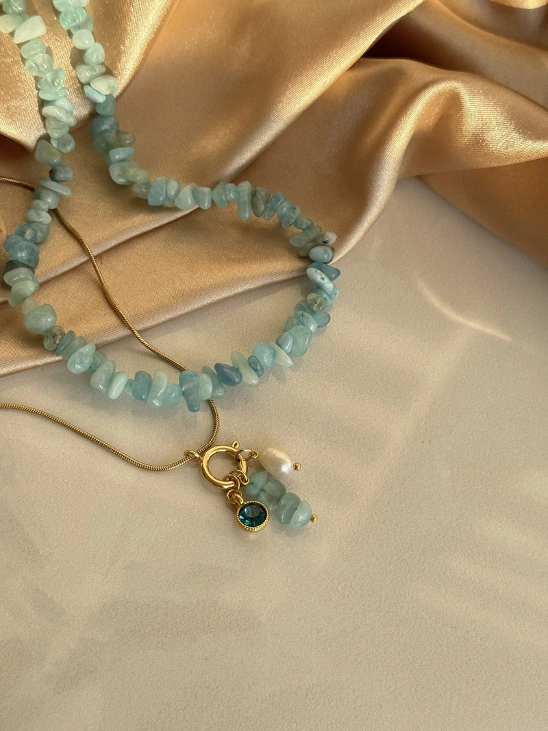 Aquamarine Pearl Charm Necklace