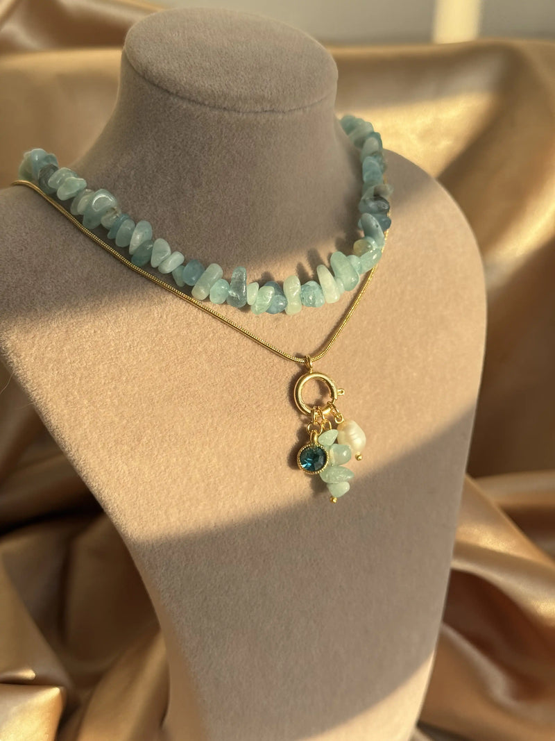 Aquamarine Pearl Charm Necklace