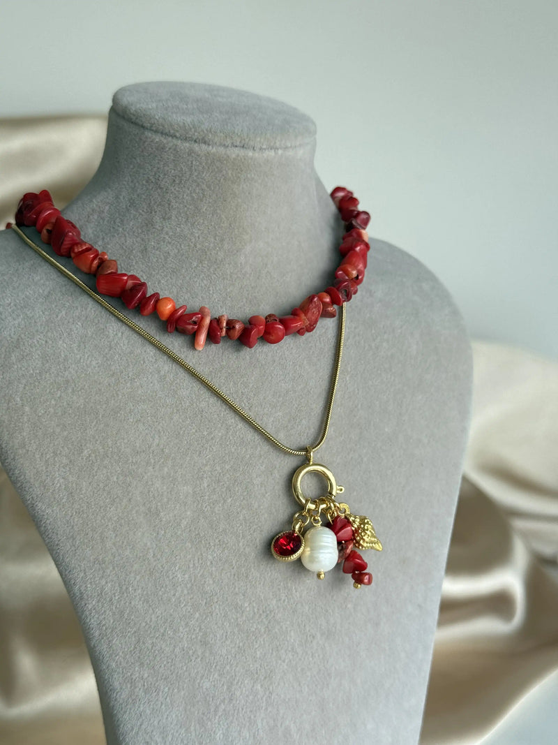 Coral Pearl Charm Necklace