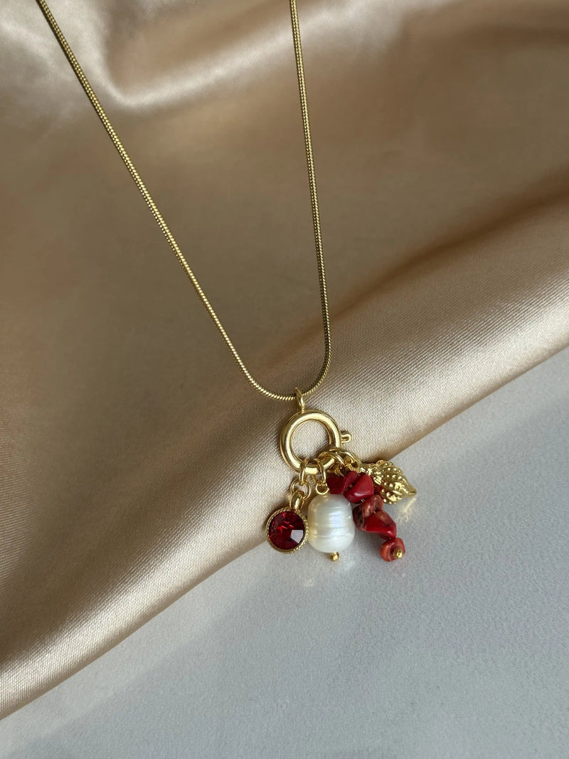 Coral Pearl Charm Necklace