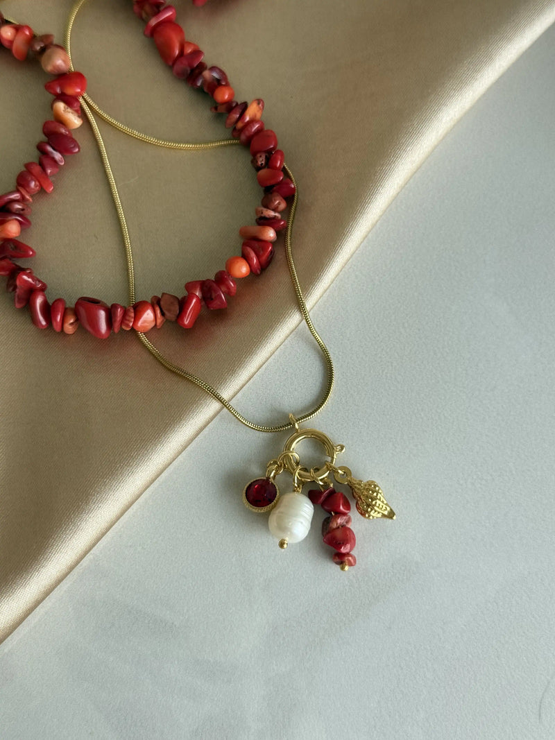 Coral Pearl Charm Necklace