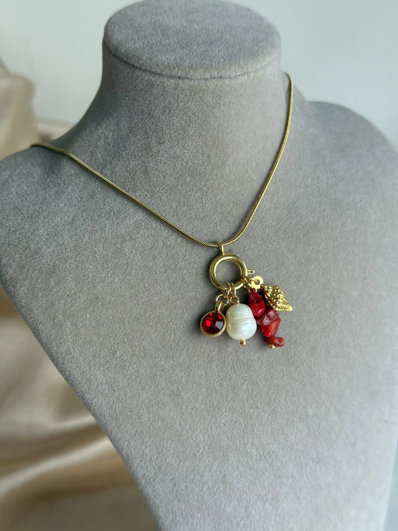 Coral Pearl Charm Necklace